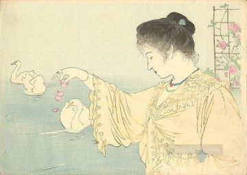 花 鳥 Painting - 女性と白鳥 1906年 鏑木清方 日本人